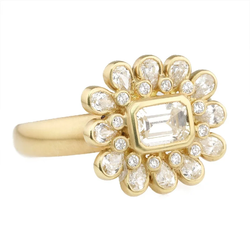 Shop Fine Jewelry With Exclusive Savings Gold Bezel-Set Emerald-Cut Diamond Ring with Teardrop Halo Shop Fine Jewelry With Exclusive Savings Gold Bezel-Set Emerald-Cut Diamond Ring with Teardrop Halo