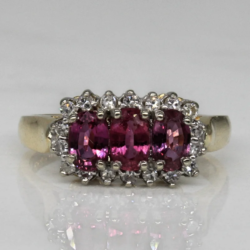 Unique Jewelry Designs Now At Discounted Rates Ruby & Diamond Three Stone Halo Ring | 0.90ctw, 0.15ctw | SZ 6.25 |