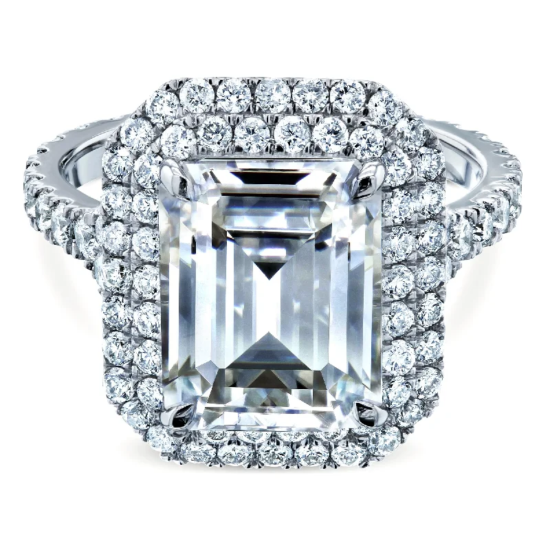 Trending Jewelry Styles Now At Limited-Time Discounts Large Emerald Double Halo Moissanite and Diamond Ring