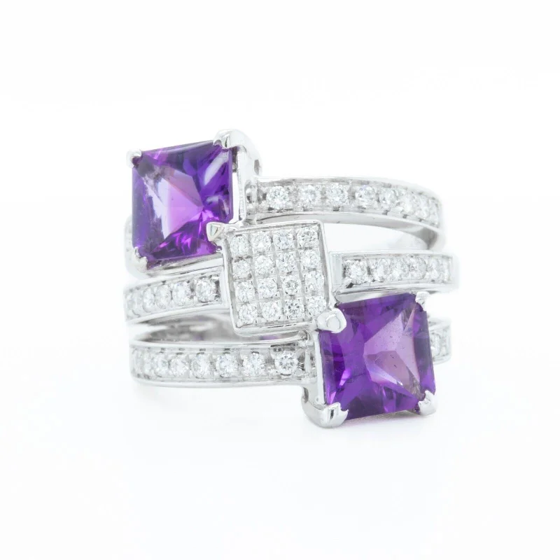 Upgrade Your Jewelry Collection For Less 18K White Gold Diamond Amethyst Triple Row Triple Square Ring 0.50ctw Size 6.25