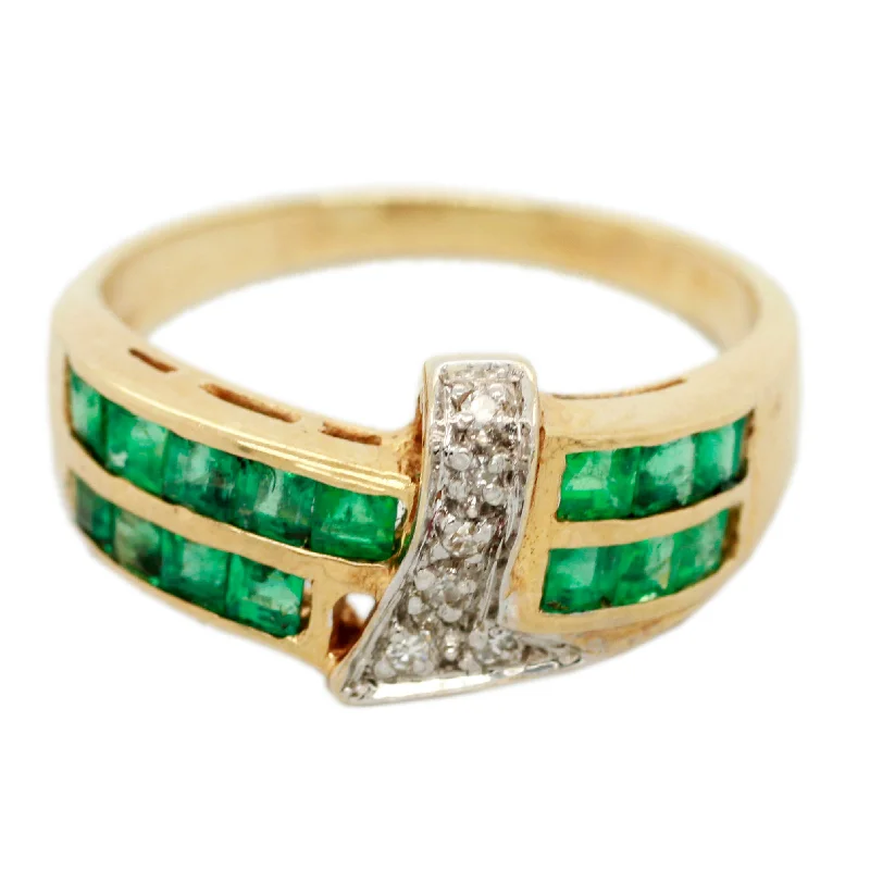 Trending Jewelry Now At Unbeatable Prices Vintage 0.60ctw Emerald and 0.15ctw Diamond Two Row Band Ring - 14k Yellow Gold