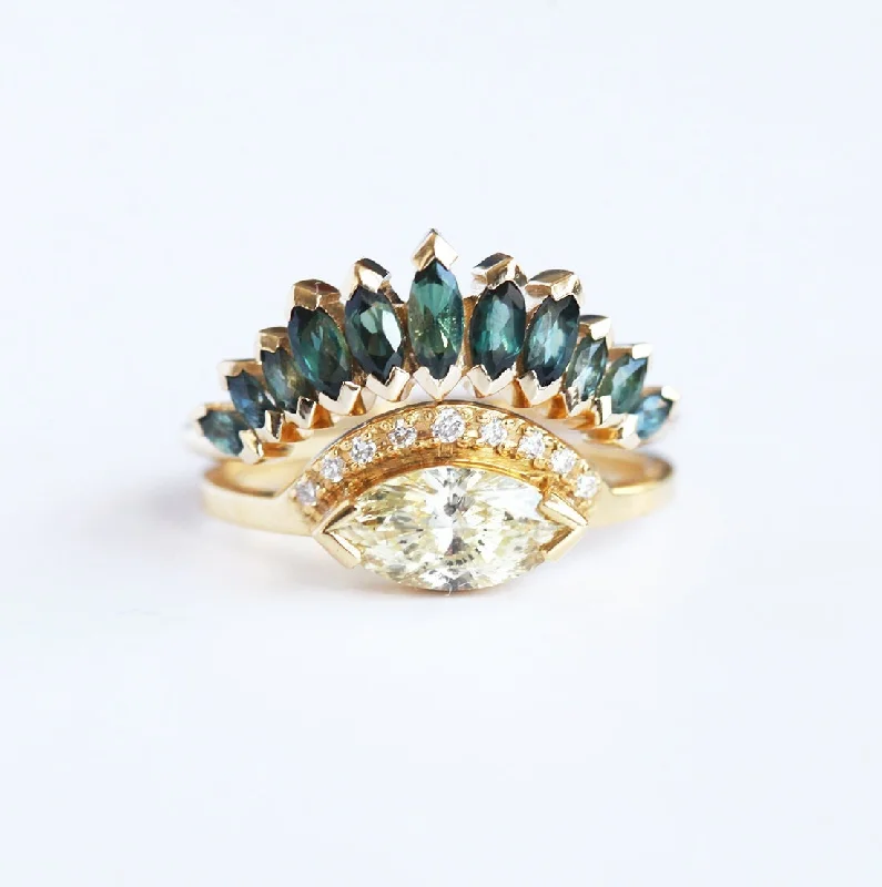 Get The Jewelry You Love At A Price You Love Yellow Champagne Diamond Ring With Teal Sapphire Marquise Crown, Unique Diamond Ring Set
