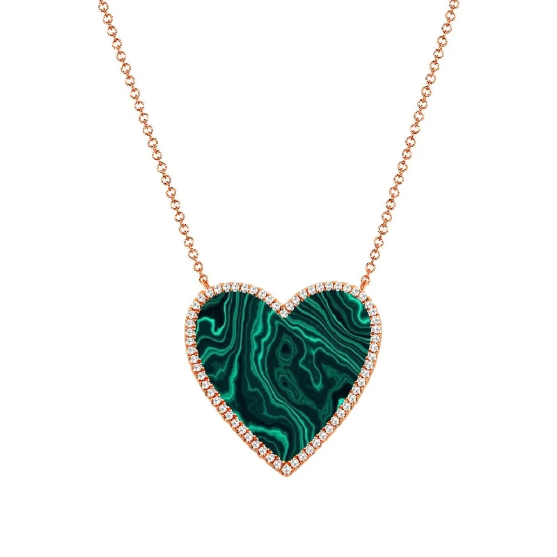 14k Gold Diamond & Malachite Heart Necklace