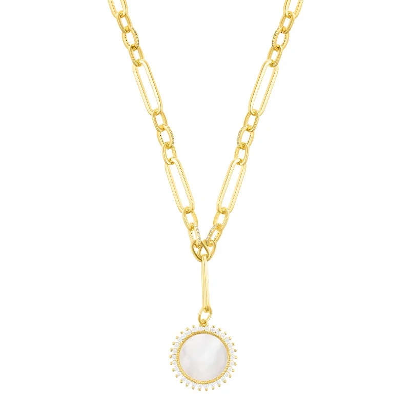 Exclusive Jewelry Sale – Sparkle For Less 14k Gold Plated Mother of Pearl CZ Halo Disc Mixed Link Y-Necklace Exclusive Jewelry Sale – Sparkle For Less 14k Gold Plated Mother of Pearl CZ Halo Disc Mixed Link Y-Necklace