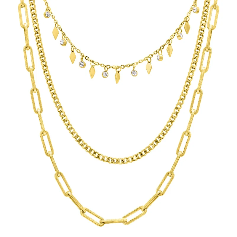 Seasonal Jewelry Deals – Elevate Your Style 14k Gold Plated Paperclip, Curb, and Dangle Diamond Chain Necklace Set Seasonal Jewelry Deals – Elevate Your Style 14k Gold Plated Paperclip, Curb, and Dangle Diamond Chain Necklace Set
