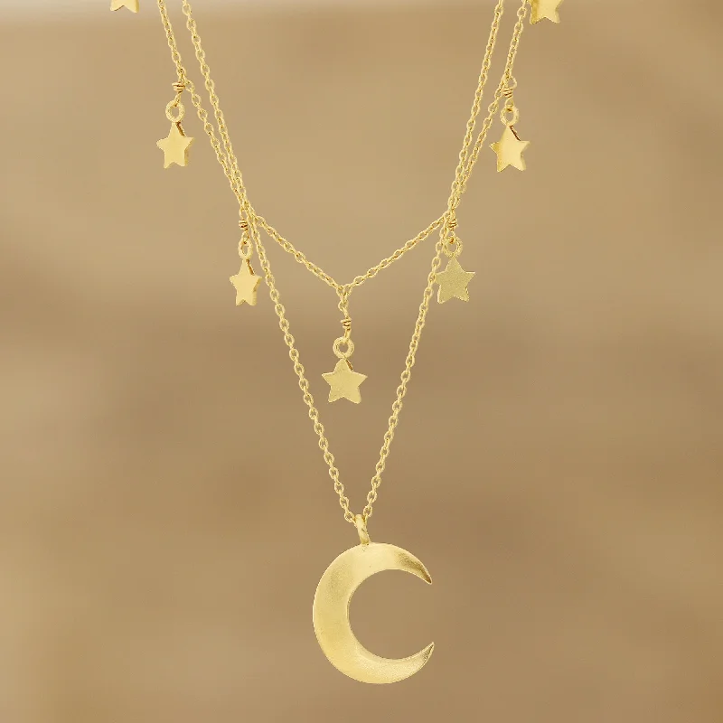 Celestial Gleam Gold Plated Sterling Silver Moon and Star Necklace