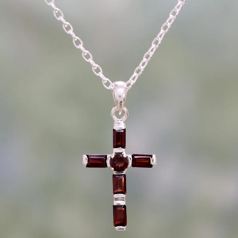 Deep Crimson Cross Garnet & Silver Necklace