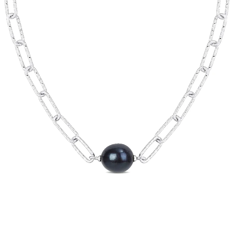 Mimi & Max 11-12mm Black Cultured Freshwater Baroque Pearl Paperclip Necklace in Sterling Silver - 16+2 in