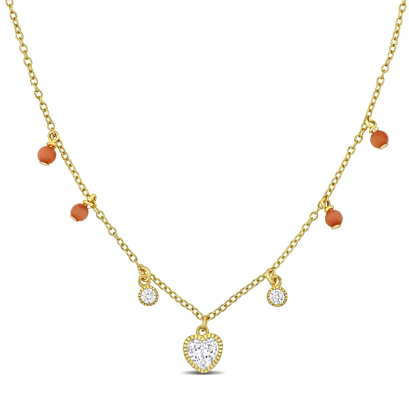 Customized Silver Jewelry For Unique Style Mimi & Max Heart Round-Cut Created White Sapphire & Pink Bead Station Necklace Yellow Silver Customized Silver Jewelry For Unique Style Mimi & Max Heart Round-Cut Created White Sapphire & Pink Bead Station Necklace Yellow Silver