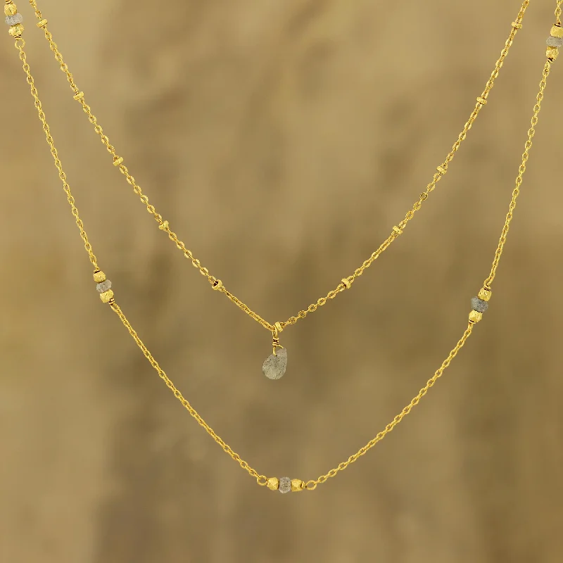 Misty Grace Gold Plated Labradorite Station Necklace from India