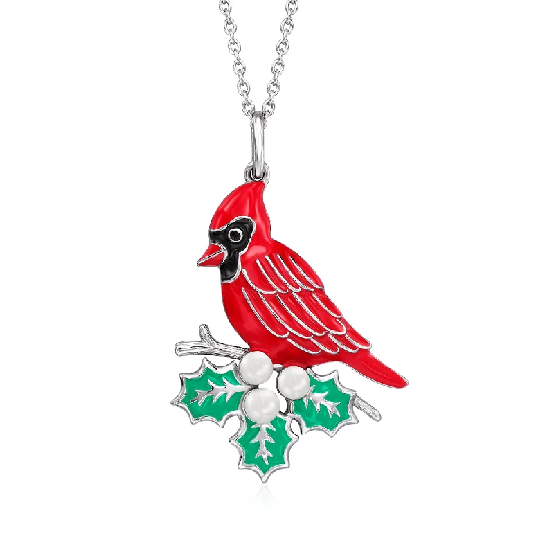 Ross-Simons 3-3.5mm Cultured Pearl and Multicolored Enamel Cardinal Pendant Necklace in Sterling Silver