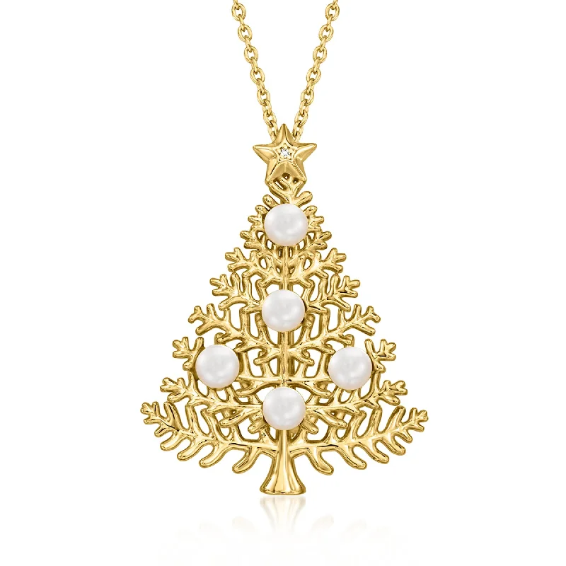 Ross-Simons 3.5-4mm Cultured Pearl Christmas Tree Pin/Pendant Necklace in 18kt Gold Over Sterling With Diamond Accent