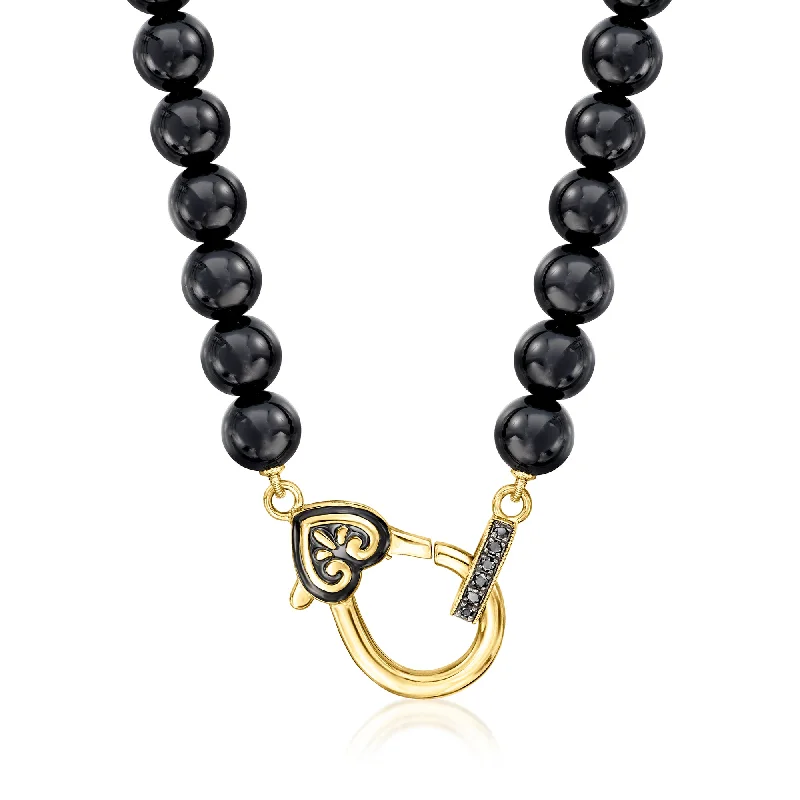 Timeless Elegance At Unbelievable Discounts Ross-Simons 6mm Black Agate Bead and Black Enamel Oversized Lobster Clasp Necklace With Black Diamond Accents in 18kt Gold Over Sterling Timeless Elegance At Unbelievable Discounts Ross-Simons 6mm Black Agate Bead and Black Enamel Oversized Lobster Clasp Necklace With Black Diamond Accents in 18kt Gold Over Sterling