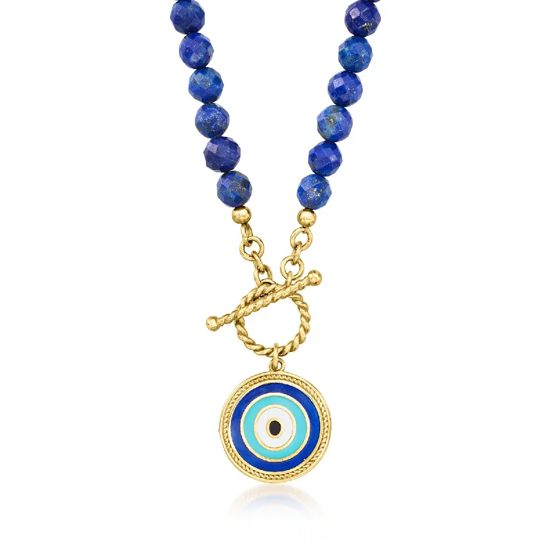 Ross-Simons 6mm Lapis Bead and Multicolored Enamel Evil Eye Toggle Necklace in 18kt Gold Over Sterling