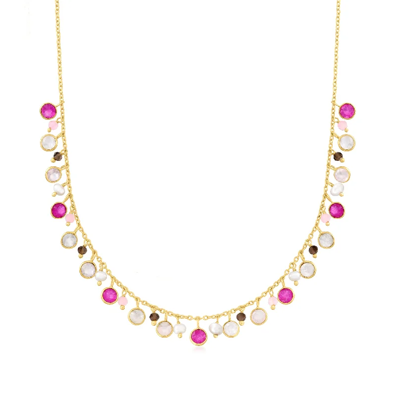 Eco-Friendly Sustainable Jewelry For Conscious Buyers Ross-Simons Moonstone, 5mm Cultured Pearl and Multi-Quartz Multi-Drop Necklace in 18kt Gold Over Sterling Eco-Friendly Sustainable Jewelry For Conscious Buyers Ross-Simons Moonstone, 5mm Cultured Pearl and Multi-Quartz Multi-Drop Necklace in 18kt Gold Over Sterling