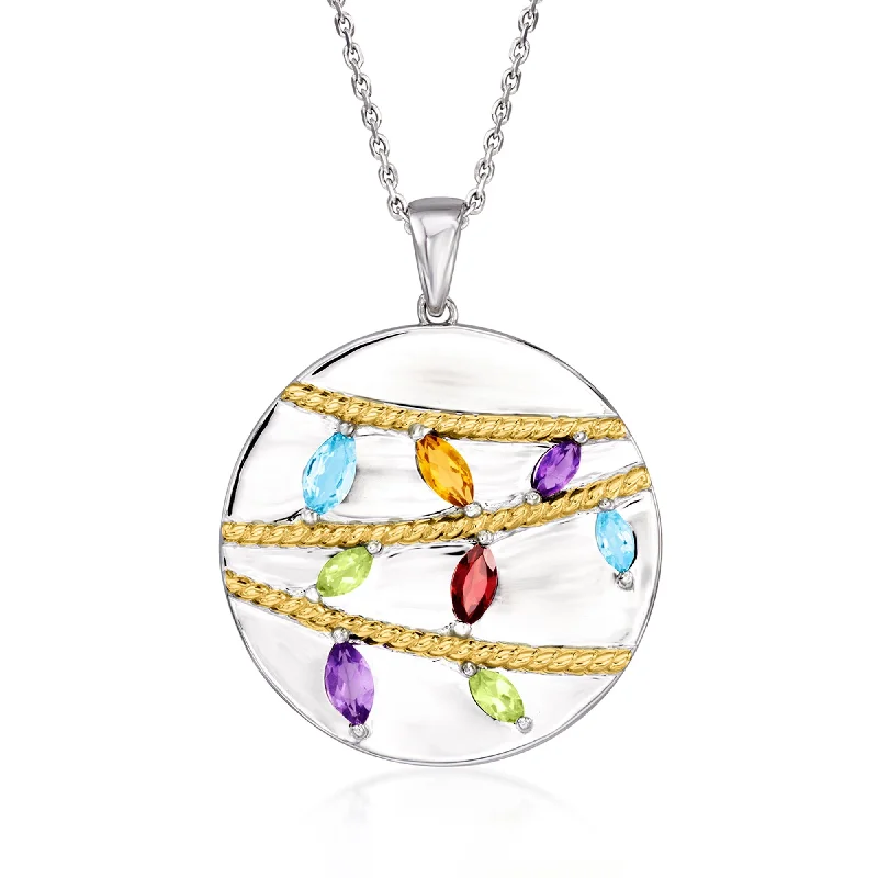 Ross-Simons Multi-Gemstone Christmas Lights Pendant Necklace in Sterling Silver and 18kt Gold Over Sterling