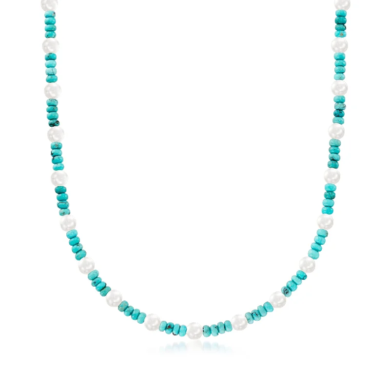 Ross-Simons Turquoise Bead and 6-6.5mm Cultured Pearl Necklace With Sterling Silver