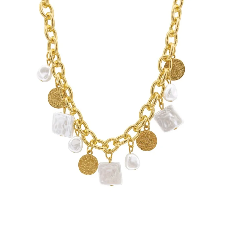 Timeless Elegance, Temporary Discounts – Act Fast 14k Gold Plated Oval Link Chain with Hammered Coin and Multishape Pearl Charms Necklace Timeless Elegance, Temporary Discounts – Act Fast 14k Gold Plated Oval Link Chain with Hammered Coin and Multishape Pearl Charms Necklace