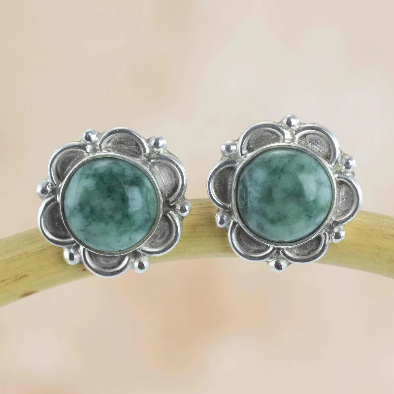 Forest Princess Jade & Silver Button Earrings