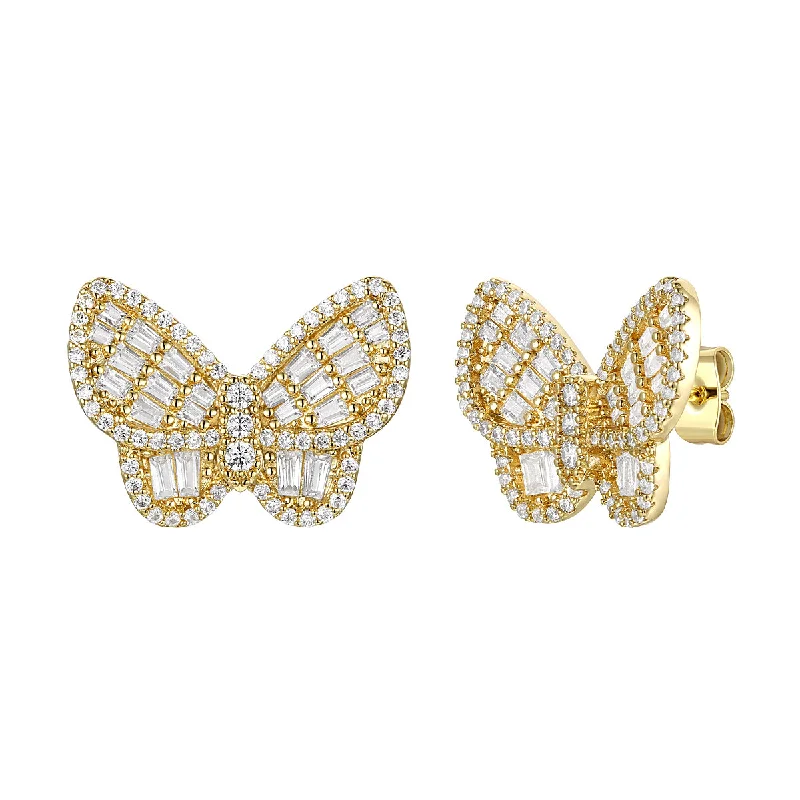 14k Gold Plated Sterling Silver With Diamond Cubic Zirconia Clusters Butterfly Stud Earrings