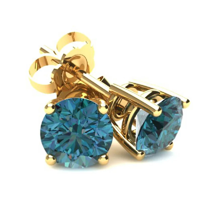 .25Ct Round Brilliant Cut Heat Treated Blue Diamond Stud Earrings in 14K Gold Basket Setting