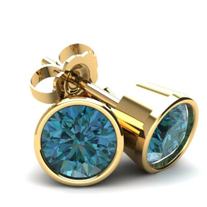 .40Ct Round Brilliant Cut Heat Treated Blue Diamond Stud Earrings in 14K Gold Round Bezel Setting