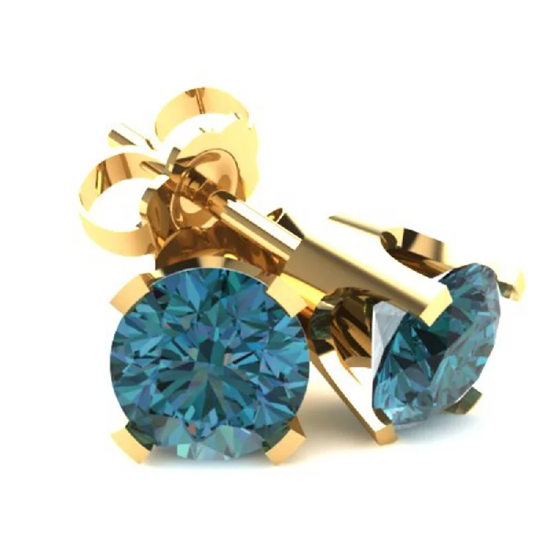 .85Ct Round Brilliant Cut Heat Treated Blue Diamond Stud Earrings in 14K Gold Classic Setting