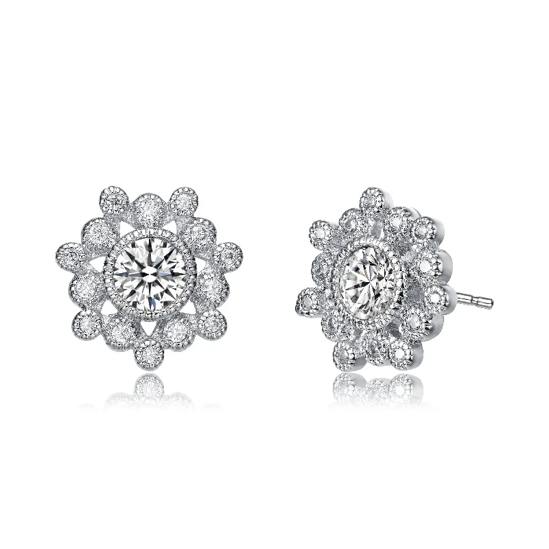 GENEVIVE Sterling Silver Cubic Zirconia Flower Stud Earrings