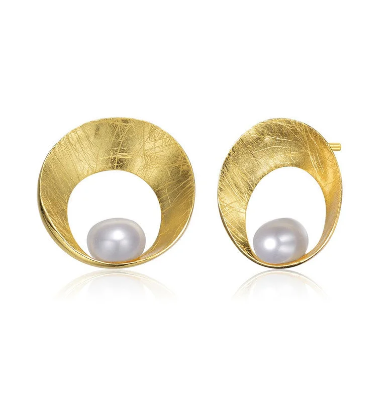 GENEVIVE Sterling Silver Gold Plated Freshwater Round Pearl Stud Earrings