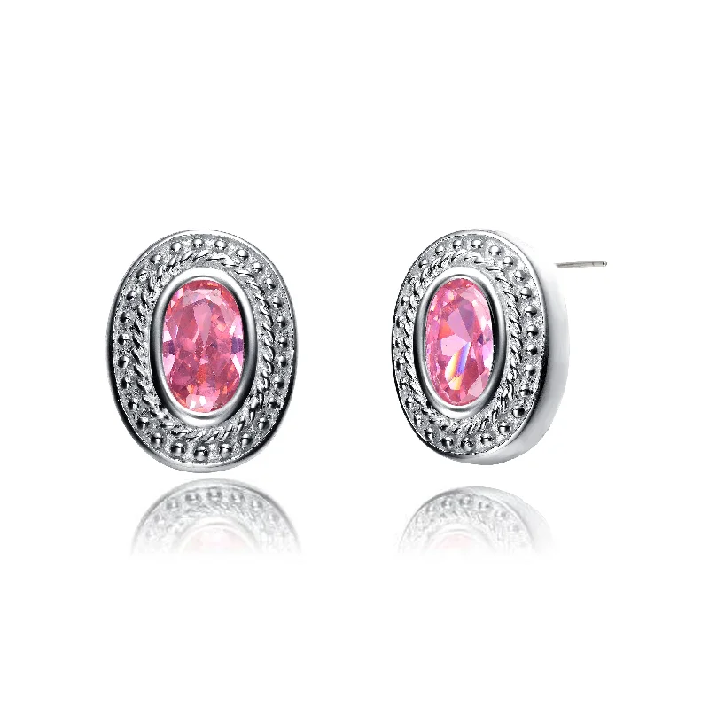 GENEVIVE Sterling Silver Pink Cubic Zirconia Oval Stud Earrings