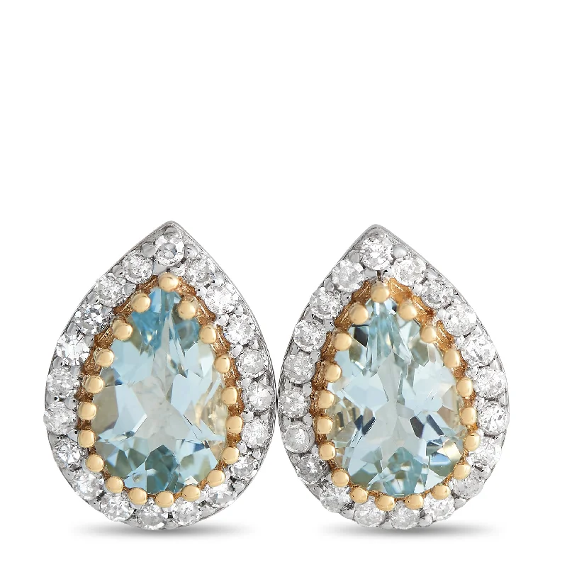 LB Exclusive 14K Yellow Gold 0.17ct Diamond and Aquamarine Pear Halo Stud Earrings ER4-15272YAQ