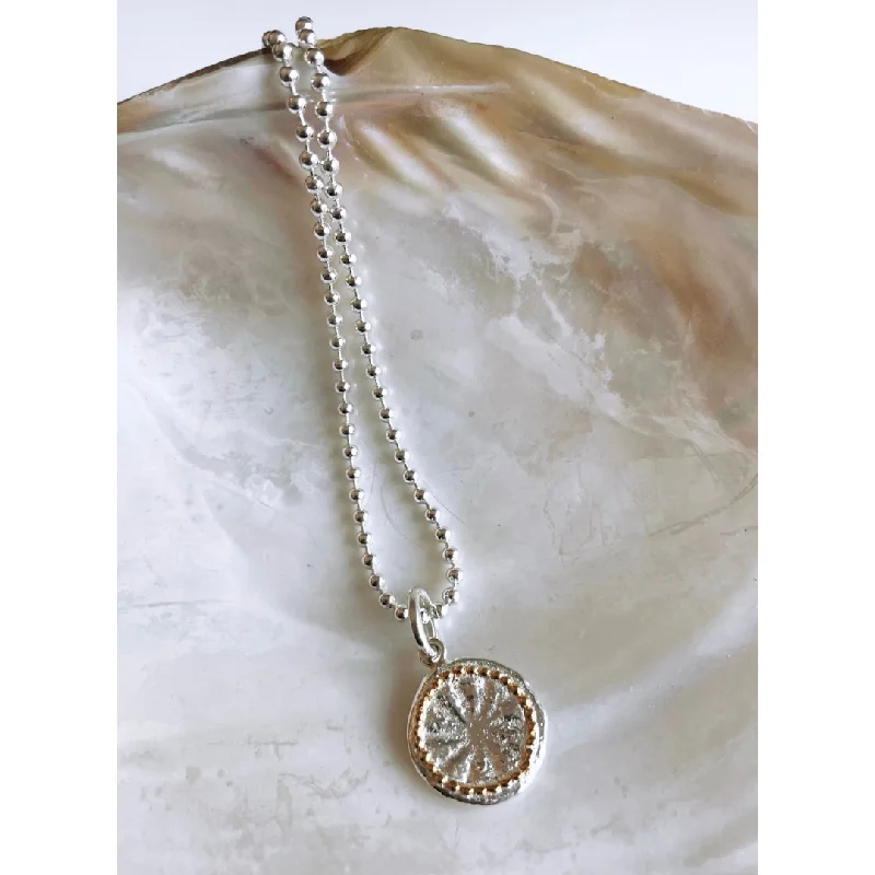 Flash Sale On Exquisite Jewelry – Don't Miss Out 18" Sterling Silver Ball Chain with Small Silver & 22K Gold Dharma Wheel Pendant