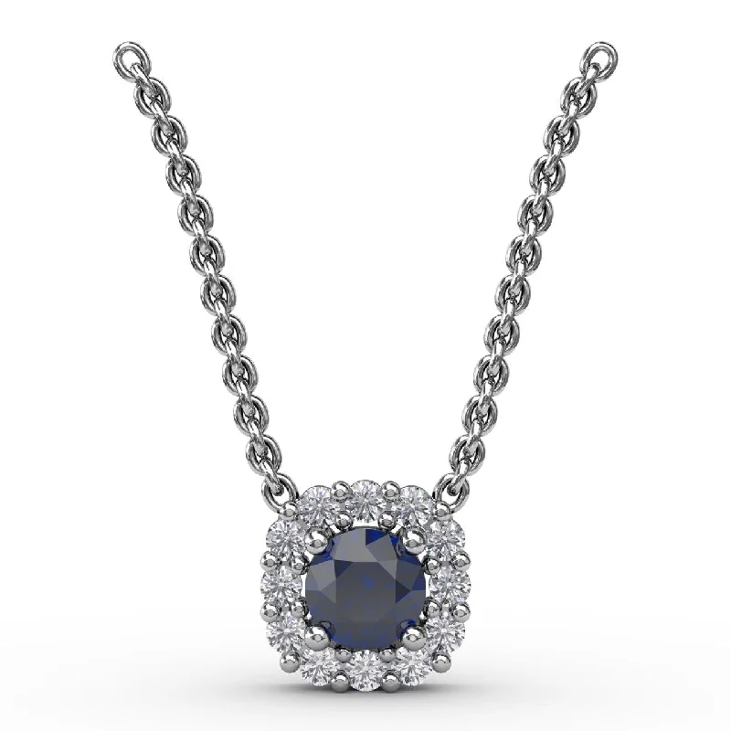Jewelry Sale Bonanza – Grab Your Sparkle Now Diamond and Sapphire Halo Necklace in 14K White Gold
