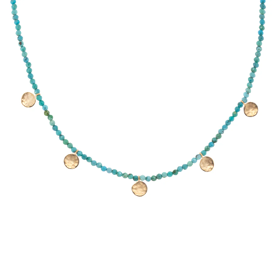 Seasonal Jewelry Deals – Elevate Your Style Turquoise Wrap Gemstone Mini Hammered Disc Station Necklace - 18k Gold + Turquoise