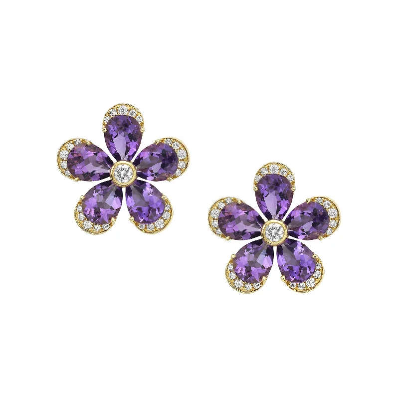 Stunning Statement Jewelry, Unbeatable Discounts Amethyst & Diamond Flower Stud Earrings