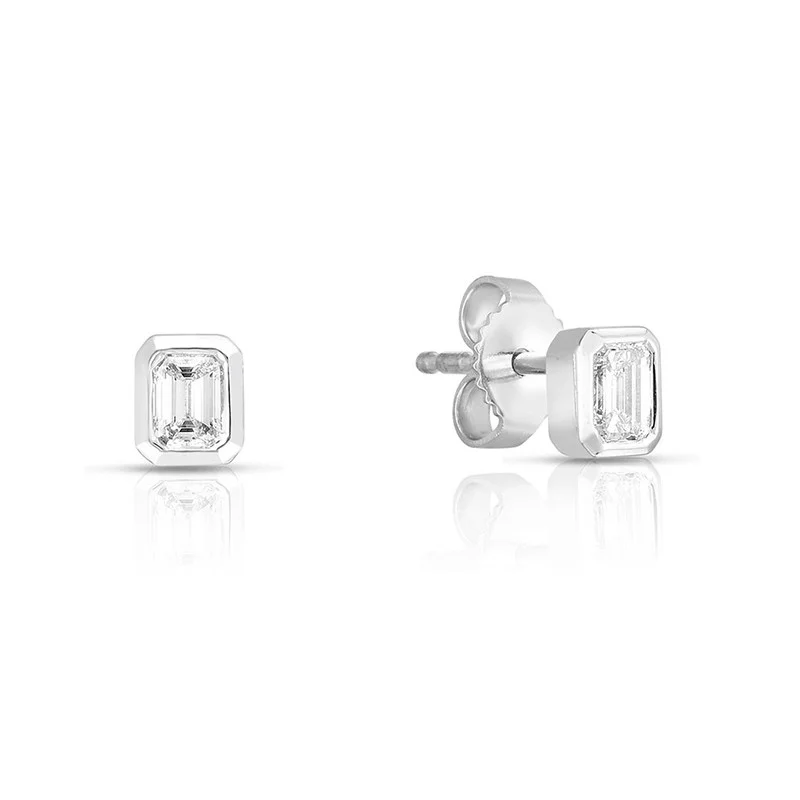 Bold And Beautiful Jewelry Now At Irresistible Prices 18K white gold bezel set emerald cut diamond stud earrings