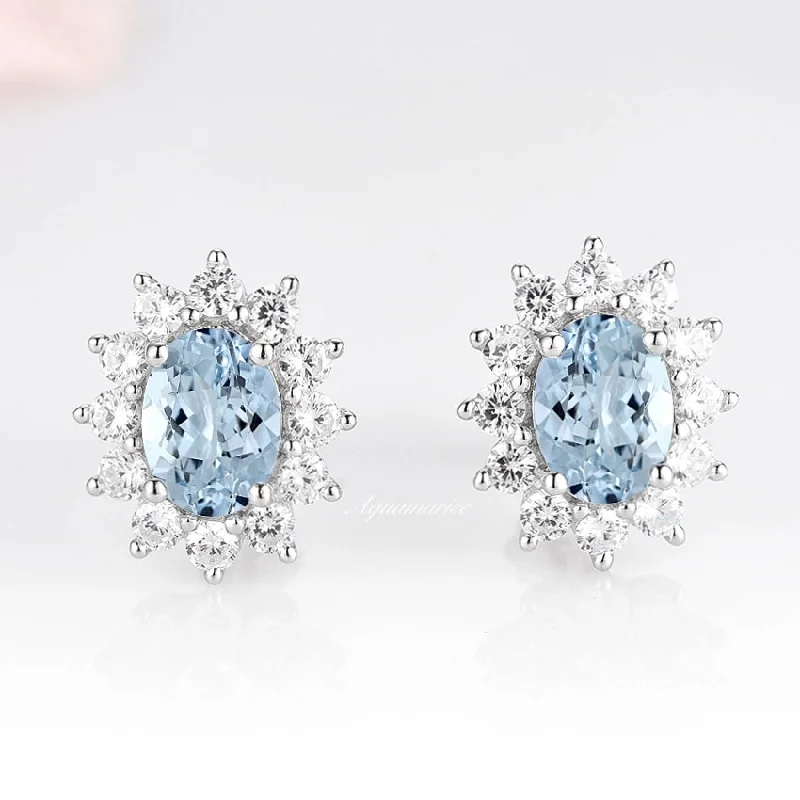Elegant Jewelry Pieces At Unbelievable Prices Diana Halo Oval Aquamarine Stud Earrings- Sterling Silver