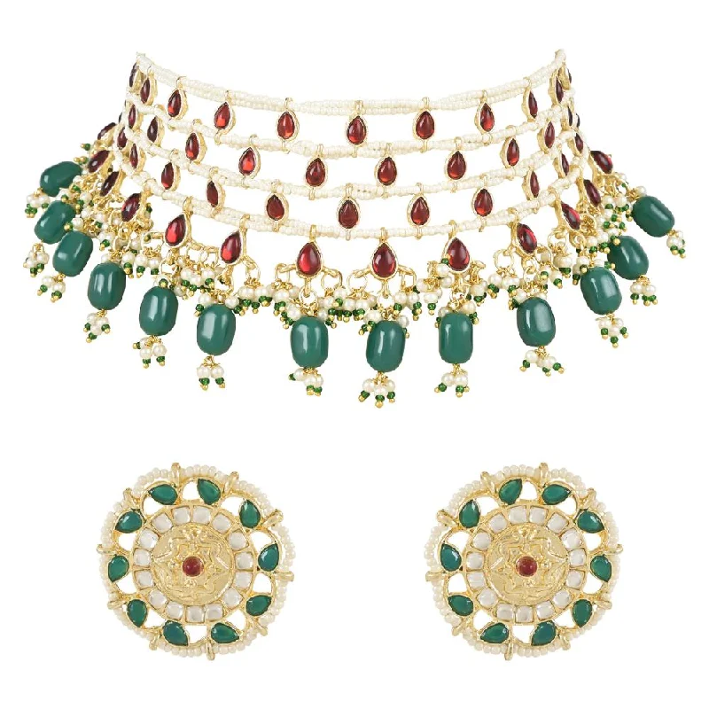 Grab Your Favorite Jewelry At The Lowest Prices Etnico Gold Plated Traditional Kundan & Stone Handcrafted Pearl Choker Necklace Jewellery With Stud Earrings Set For Women/Girls (ML324MG)