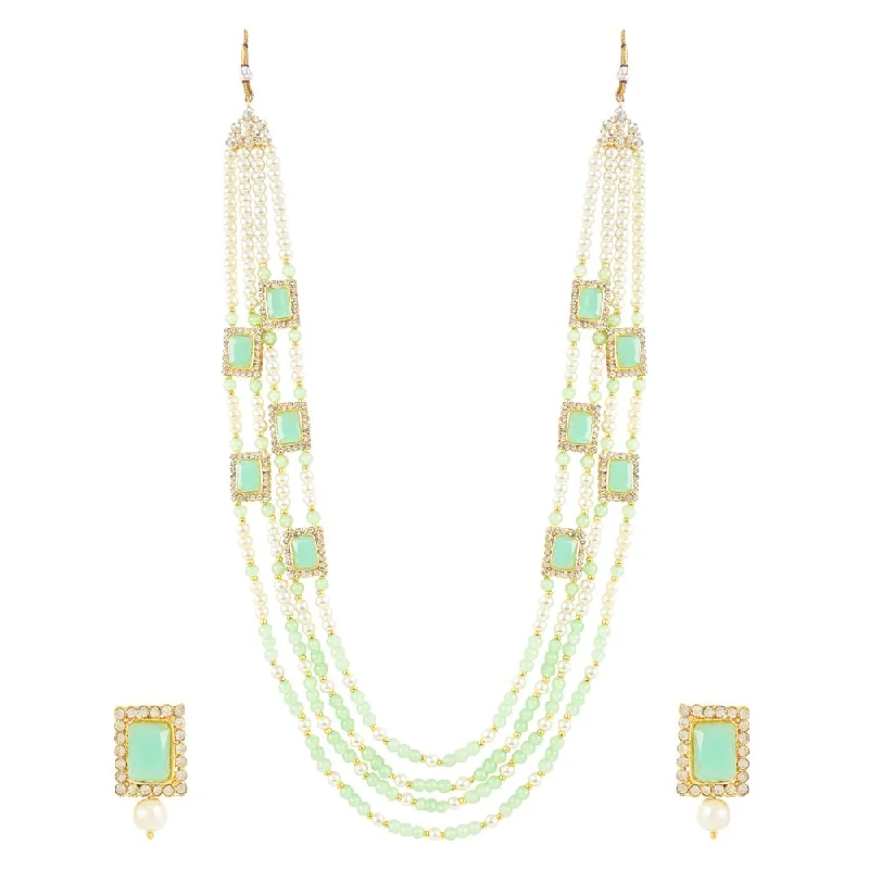 Bestselling Jewelry At Special Promotional Rates Etnico Gold Plated Traditional Stone Studded Multi Strand Long Pearl Necklace Jewellery With Stud Earrings Set For Women/Girls (ML317Min)