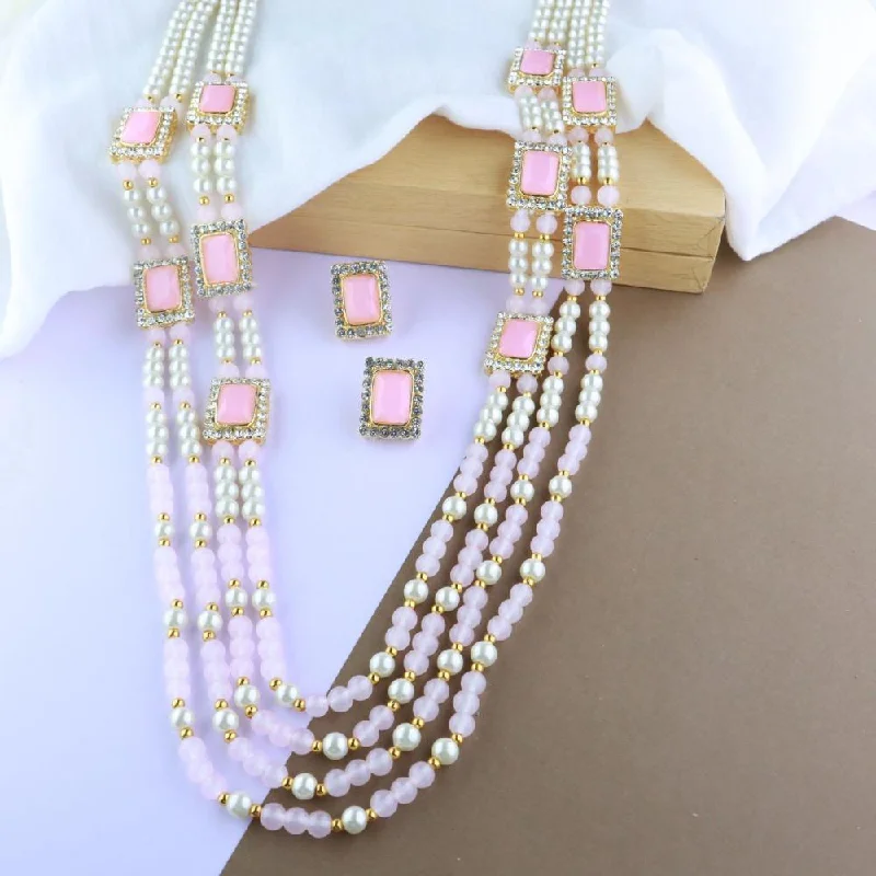Trending Jewelry Styles Now At Limited-Time Discounts Etnico Gold Plated Traditional Stone Studded Multi Strand Long Pearl Necklace Jewellery With Stud Earrings Set For Women/Girls (Pink)