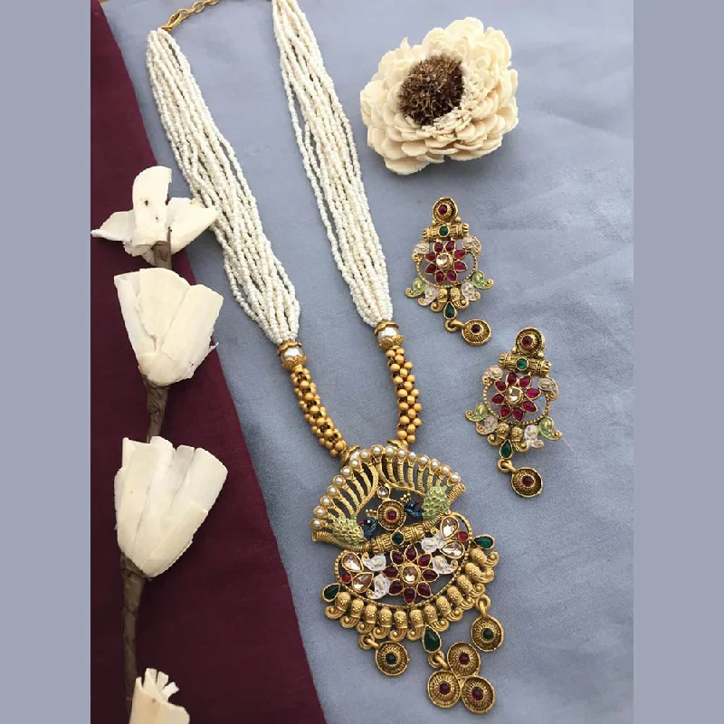 Modern Jewelry At Exclusive Discounts – Shop Today FS Collection Gold Plated Kundan Stone And Pearls Long Necklace Set