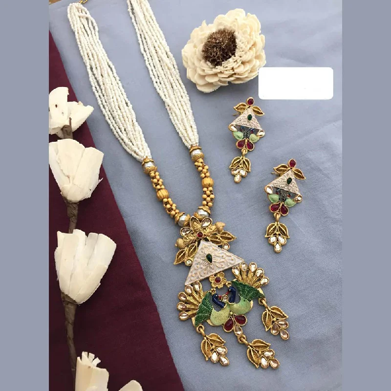 Discounted Luxury Jewelry – Shine Without The Splurge FS Collection Gold Plated Kundan Stone And Pearls Long Necklace Set