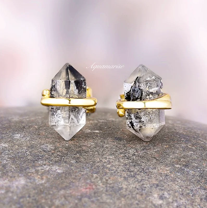 Chic And Stylish Jewelry At Exclusive Prices Galaxy Raw Salt & Pepper (Herkimer) Diamond Stud Earrings- 14K Yellow Gold Vermeil