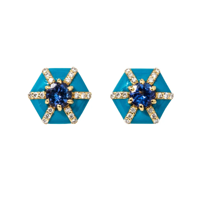 Seasonal Jewelry Deals – Elevate Your Style Goshwara Tanzanite & Turquoise Enamel 18K Gold Hexagon Stud Earrings Seasonal Jewelry Deals – Elevate Your Style Goshwara Tanzanite & Turquoise Enamel 18K Gold Hexagon Stud Earrings
