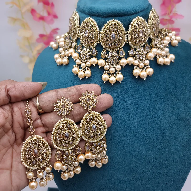 High-Quality Gemstone Jewelry For Special Occasions JCM Gold Plated Crystal Stone And Pearl Choker Necklace Set