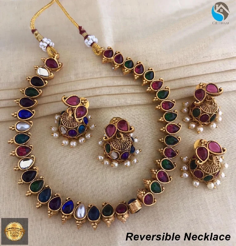 Trendy Minimalist Jewelry For Everyday Wear Latest Trending Design Multi Reversible necklace Navaratna (one side) and Red green stones (other side) 5258N -1