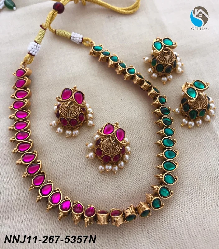 Shine Without Limits – Jewelry Sale Happening Now Premium Gold Finish Reversible Necklace Set with Pink / Green colour stones with two pairs of earrings