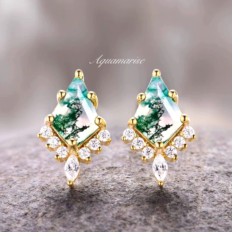 Affordable Luxury Jewelry For Every Occasion Skye Kite™  Kite Green Moss Agate Stud Earrings- 14K Yellow Gold Vermeil