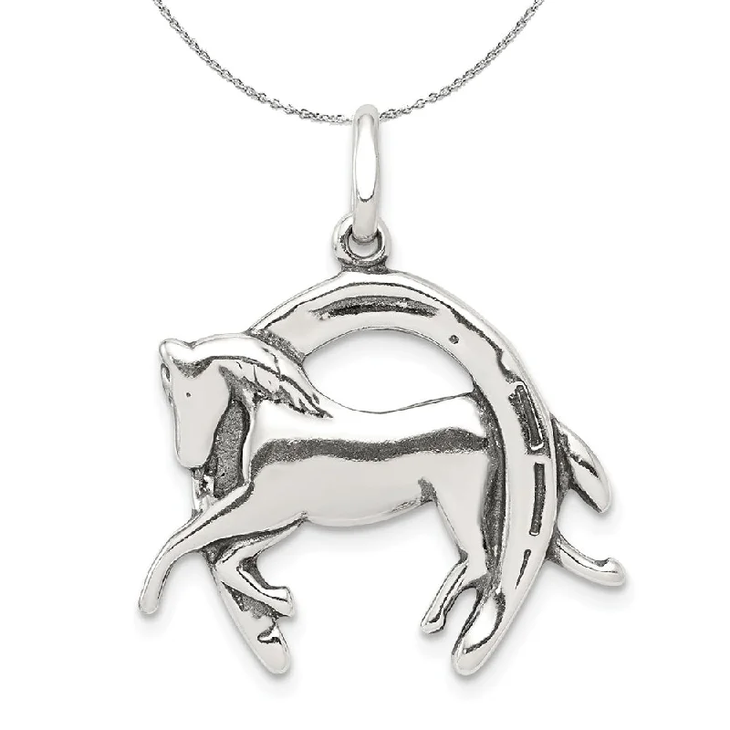 Luxury Jewelry At Unbeatable Discounts Sterling Silver Antiqued 3D Horse and Horseshoe Necklace