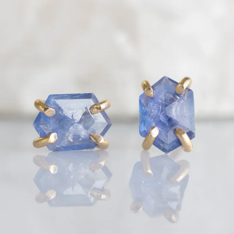 The Hexagon Blue Sapphire Stud Earrings | 14K Yellow Gold